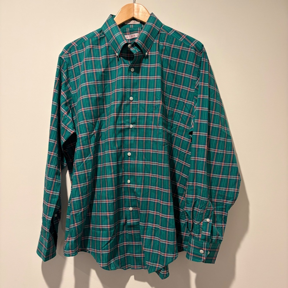 Etienne Aigner Mens Green Plaid Button Down Shirt Long Sleeve 17 34/35 Logo